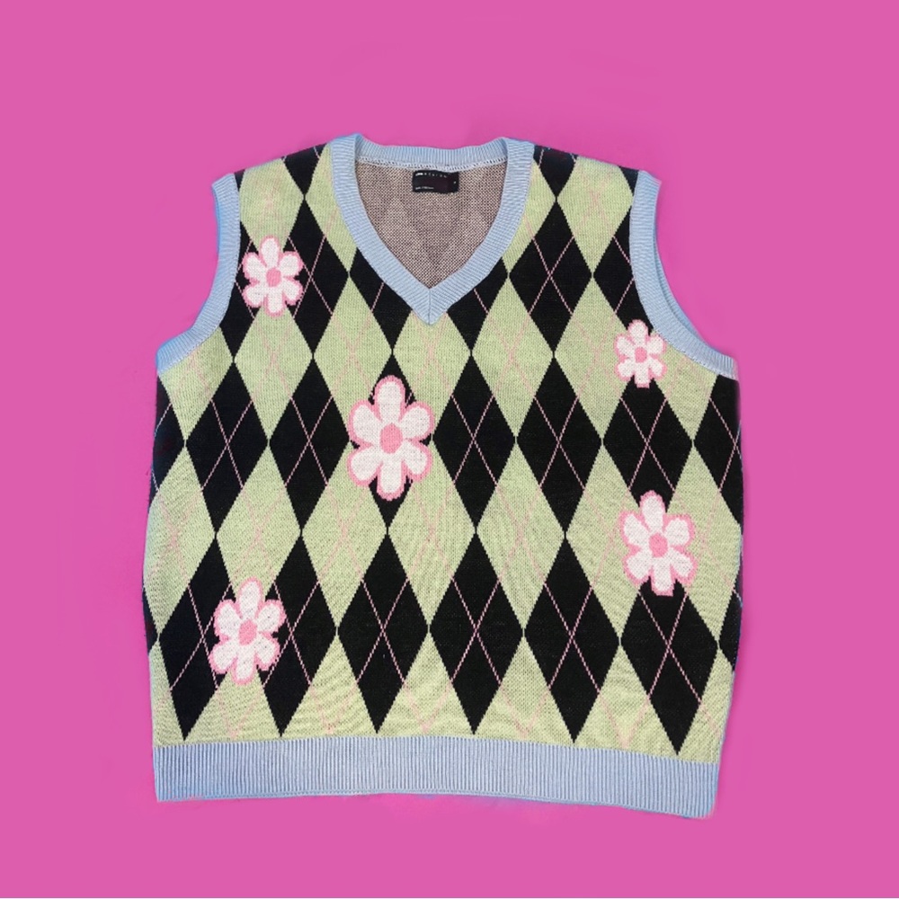 ASOS knitted argyle sweater vest with floral pattern